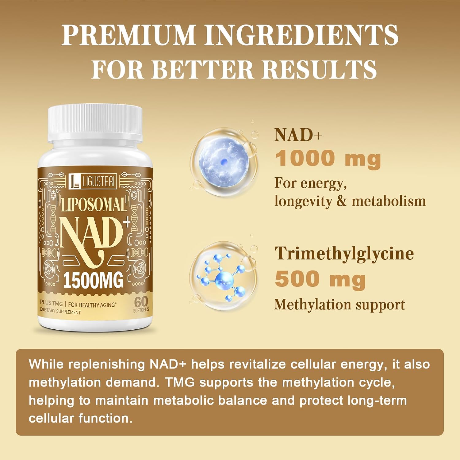 LIGUSTERI 1500 mg NAD+ Liposomal con TMG, 98%+ Absorción, Suplemento para Energía Celular y Longevidad, 60 Cápsulas Blandas