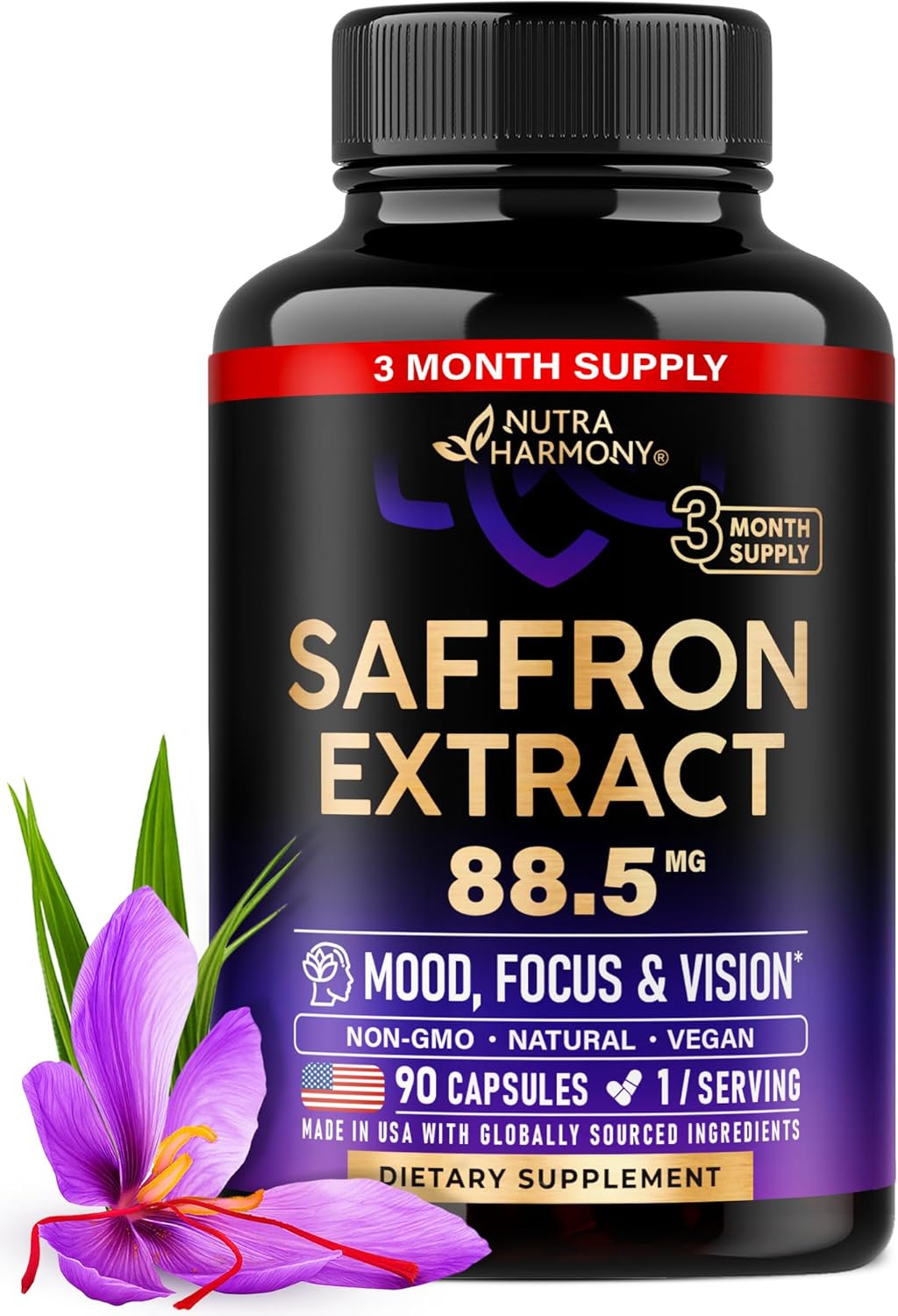 Extracto Puro de Azafrán 88.5 mg, 90 Cápsulas Veganas