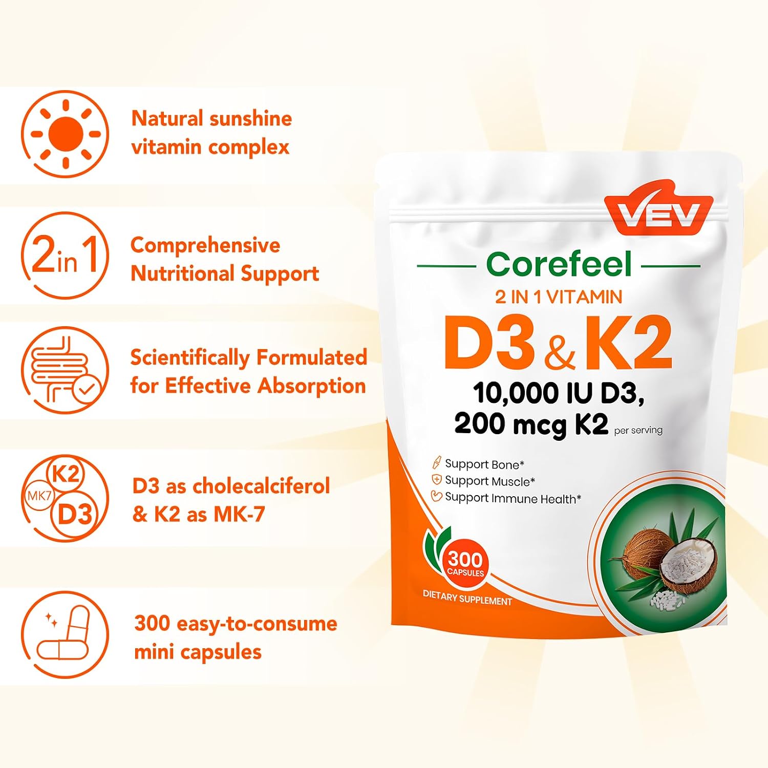 VEV Corefeel Vitamina D3 K2, 10.000 UI D3, 200 mcg K2 (con MK-7), Apoya la Salud de Huesos y Dientes, 300 Cápsulas