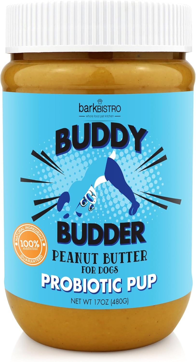 BUDDY BUDDER Bow-Wow Blueberry - Mantequilla de Cacahuete Natural con Probióticos y Prebióticos para Perros (482g)