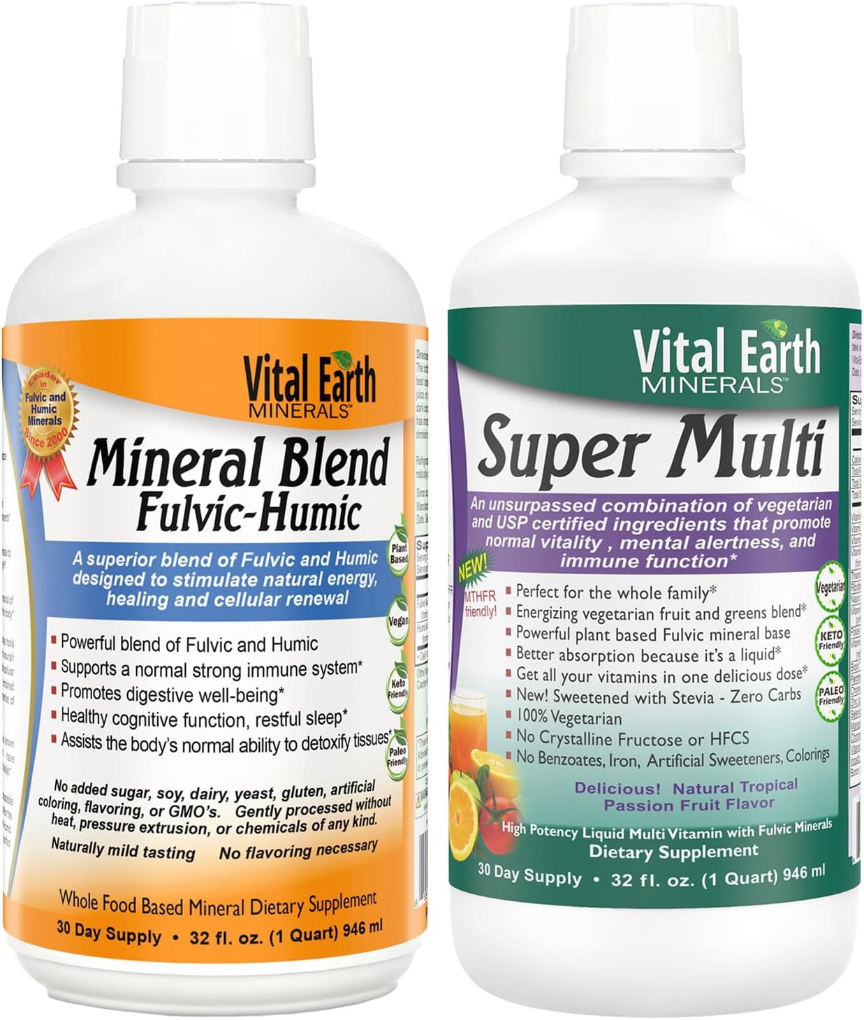 Vital Earth Minerals Detox y Bienestar – Mezcla de Minerales Fúlvicos y Húmicos con Más de 70 Minerales Traza + Super Multi, Multivitamínico Líquido, 2×946 ml