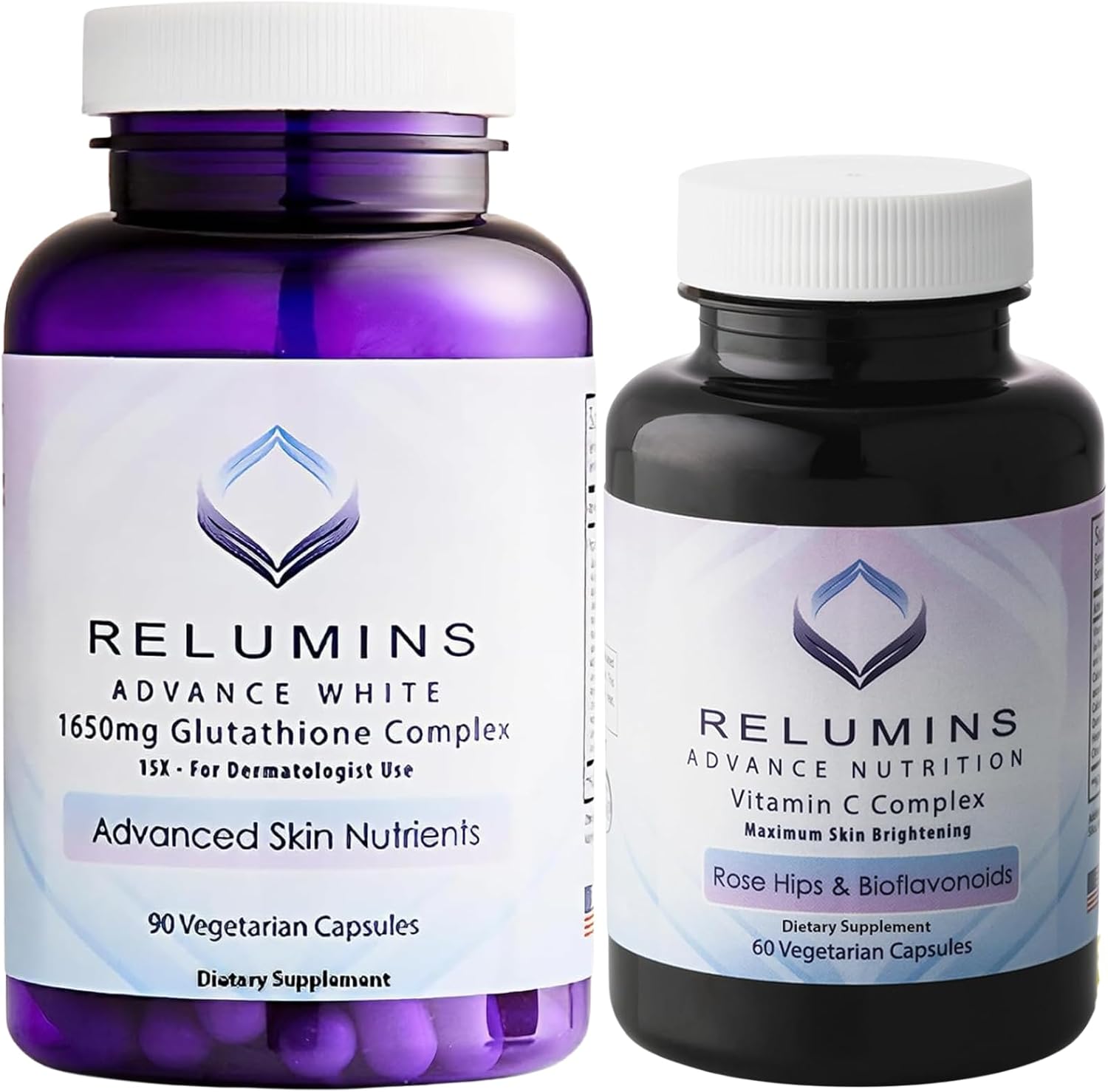 Relumins Advanced White Set - Complejo de Glutatión 1650 mg (90 Cápsulas) y Vitamina C Avanzada con Escaramujo y Bioflavonoides (60 Cápsulas), Pack de 1 Mes