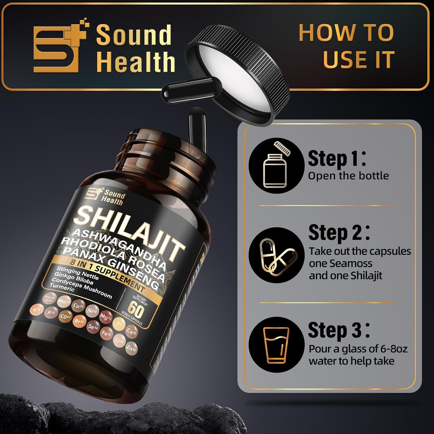 SoundHealth Shilajit Cápsulas - 60 Cápsulas, Suplemento Multivitamínico y Mineral, Sin Gluten, No GMO