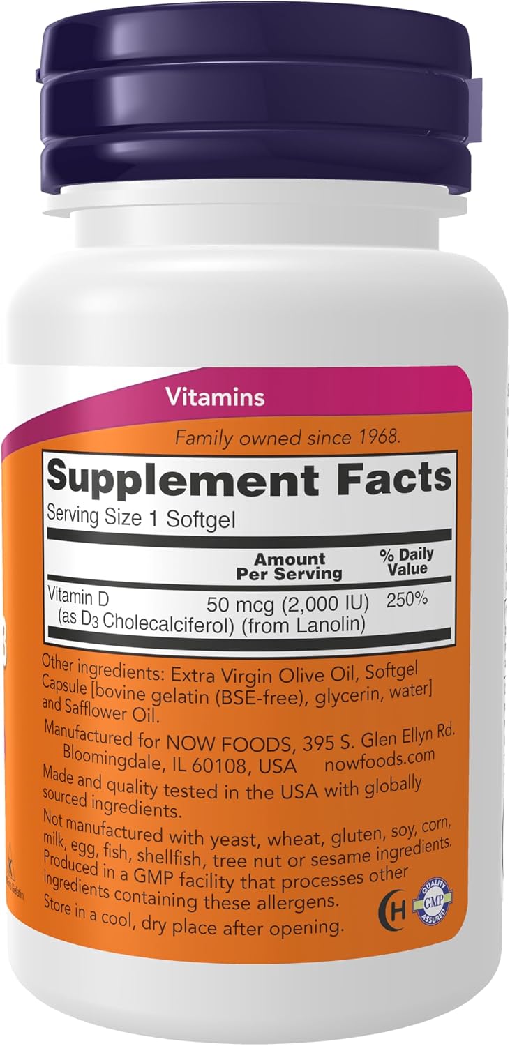 NOW Foods Vitamina D-3 2000 UI, Alta Potencia, 120 Cápsulas Blandas
