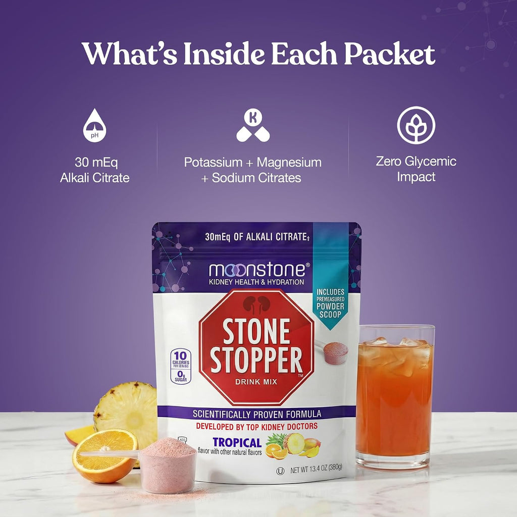 Stone Stopper Drink Mix, Tropical - Suplemento de Citrato Alcalino para la Salud Renal (30 Sobres)