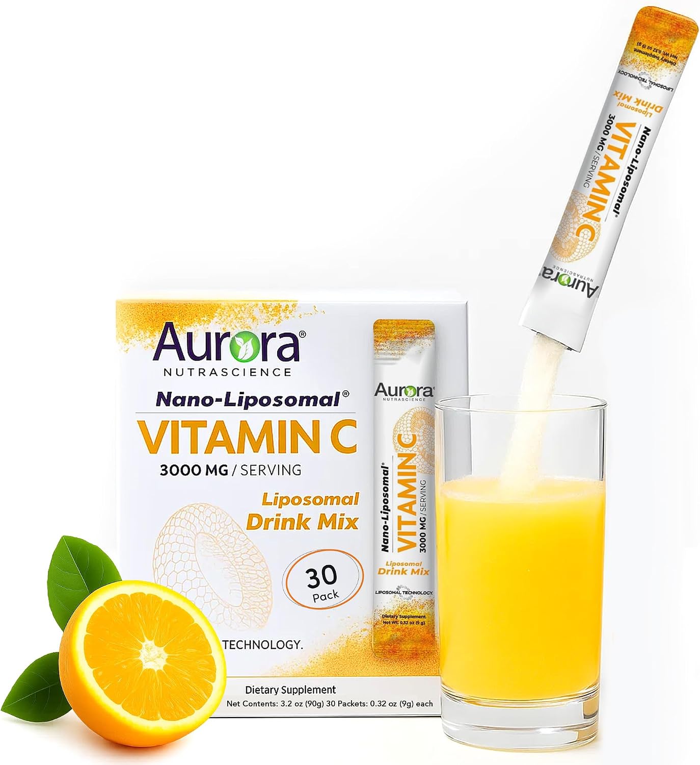 Aurora Nutrascience Nano-Pack Vitamina C Liposomal 3000 mg – 30 Sobres, Naranja