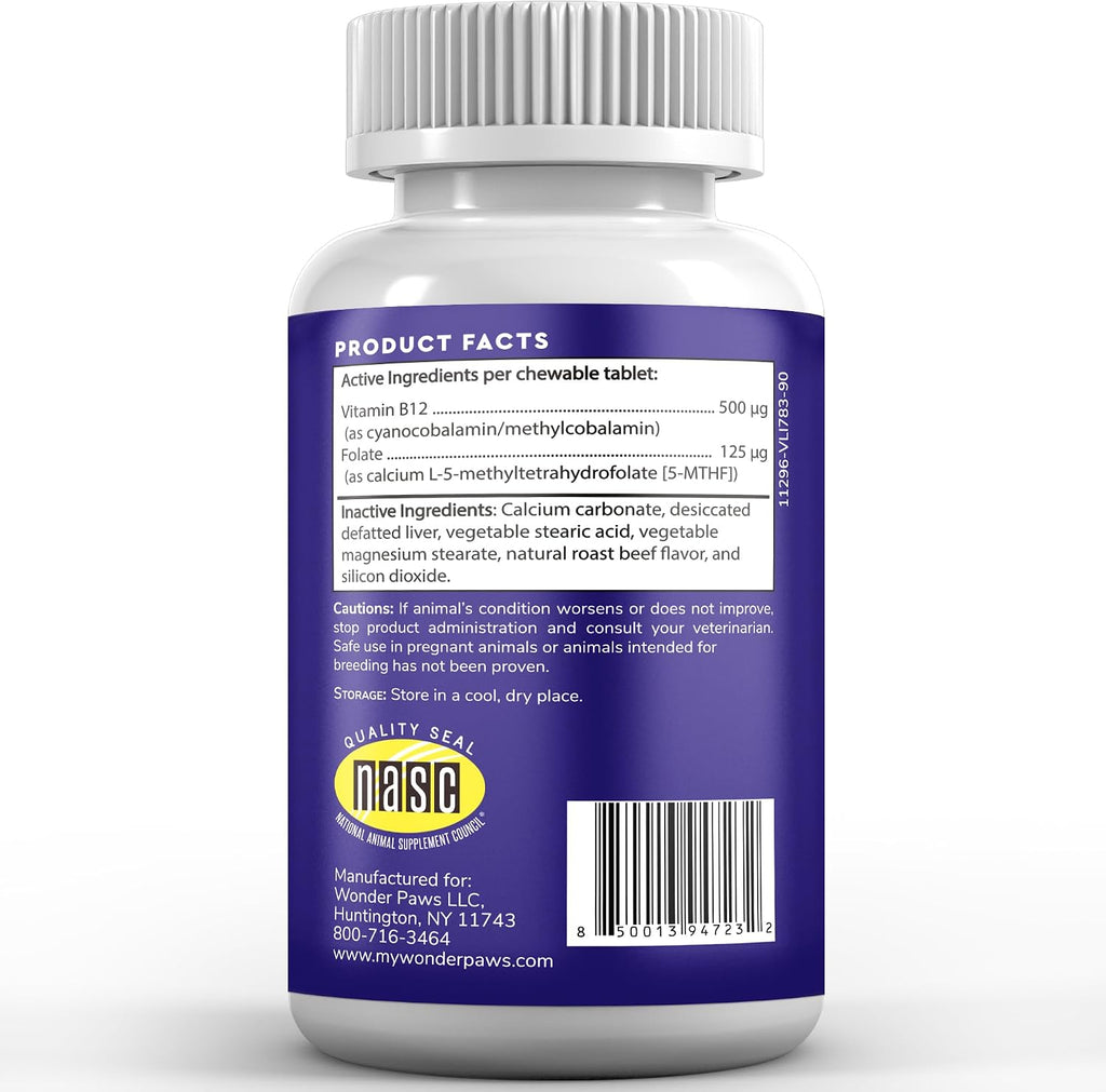 Suplemento de Vitamina B12 para Perros – B-12 para Todas las Edades, Tamaños y Razas – con Metilcobalamina, Cobalamina y Folato (5-MTHF) – 90 Comprimibles Sabor Carne