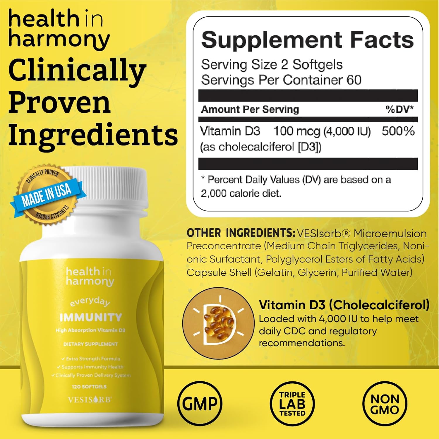 Everyday Immunity Vitamina D3 4000 IU - 60 Cápsulas Blandas con VESIsorb®