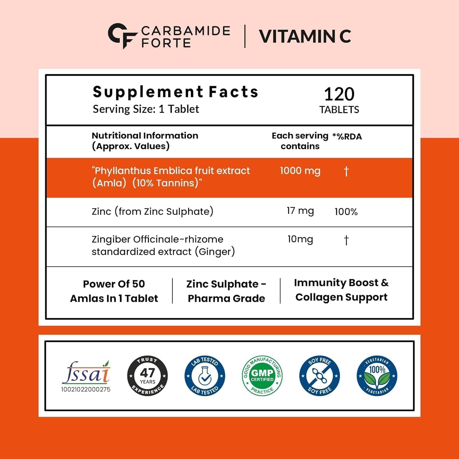 Vitamina C Natural de Amla con Zinc - 120 Comprimidos Vegetales
