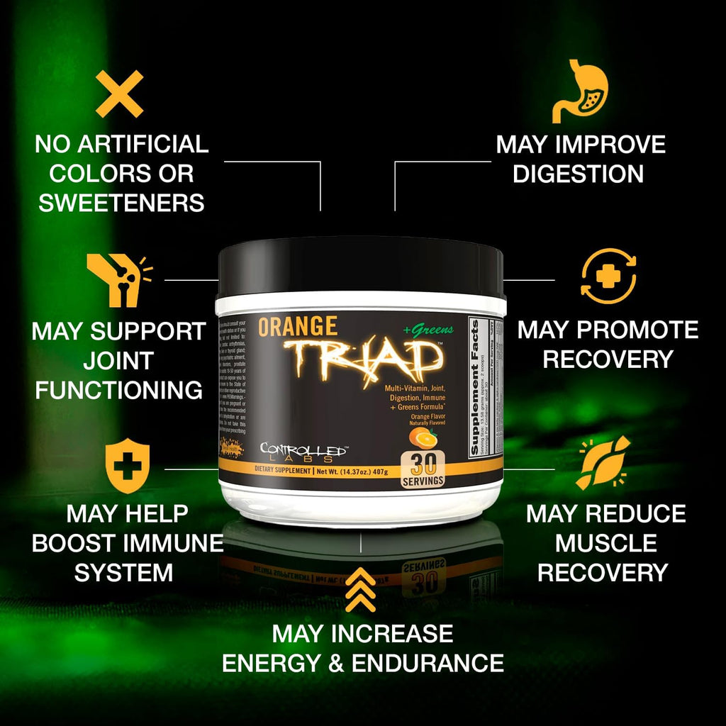 CONTROLLED LABS Orange Triad Plus Greens - Multivitamínico Deportivo para Hombres y Mujeres, 30 Dosis