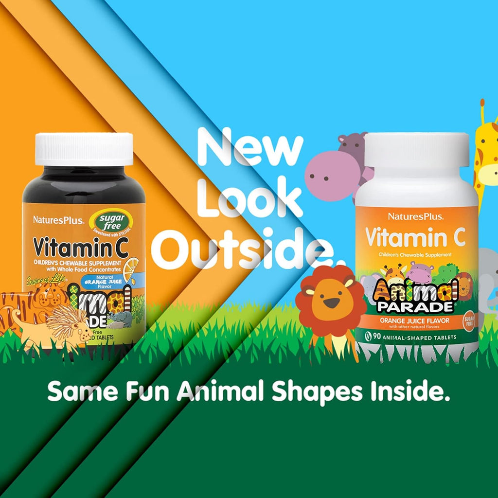 NaturesPlus Animal Parade Vitamina C Sin Azúcar para Niños, Sabor Natural a Zumo de Naranja - 90 Comprimidos Masticables con Forma de Animales - Apoyo Inmunológico - Sin Gluten - 45 Dosis