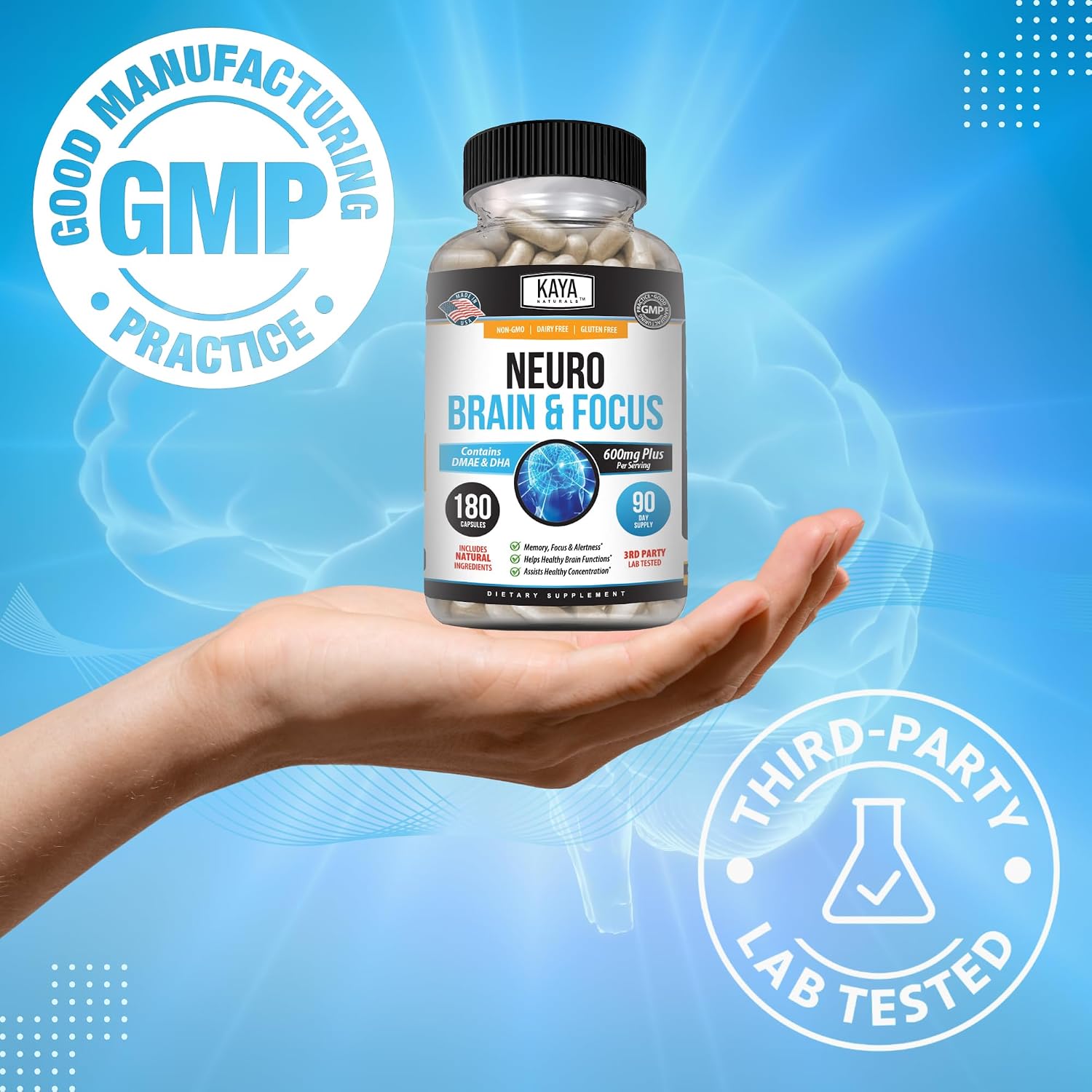 Kaya Naturals Neuro Brain - Suplemento Nootrópico para Memoria y Concentración (180 Cápsulas)