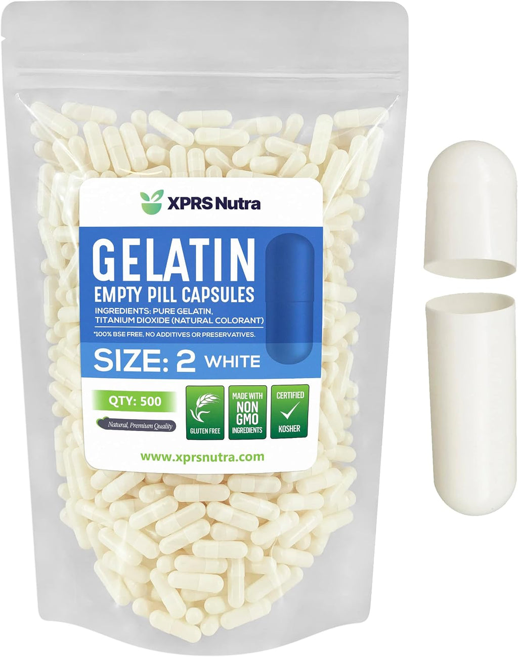 XPRS Nutra Cápsulas Vacías de Gelatina Tamaño 2 - 500 Unidades - Cápsulas de Gelatina Bovinas para Rellenar Suplementos