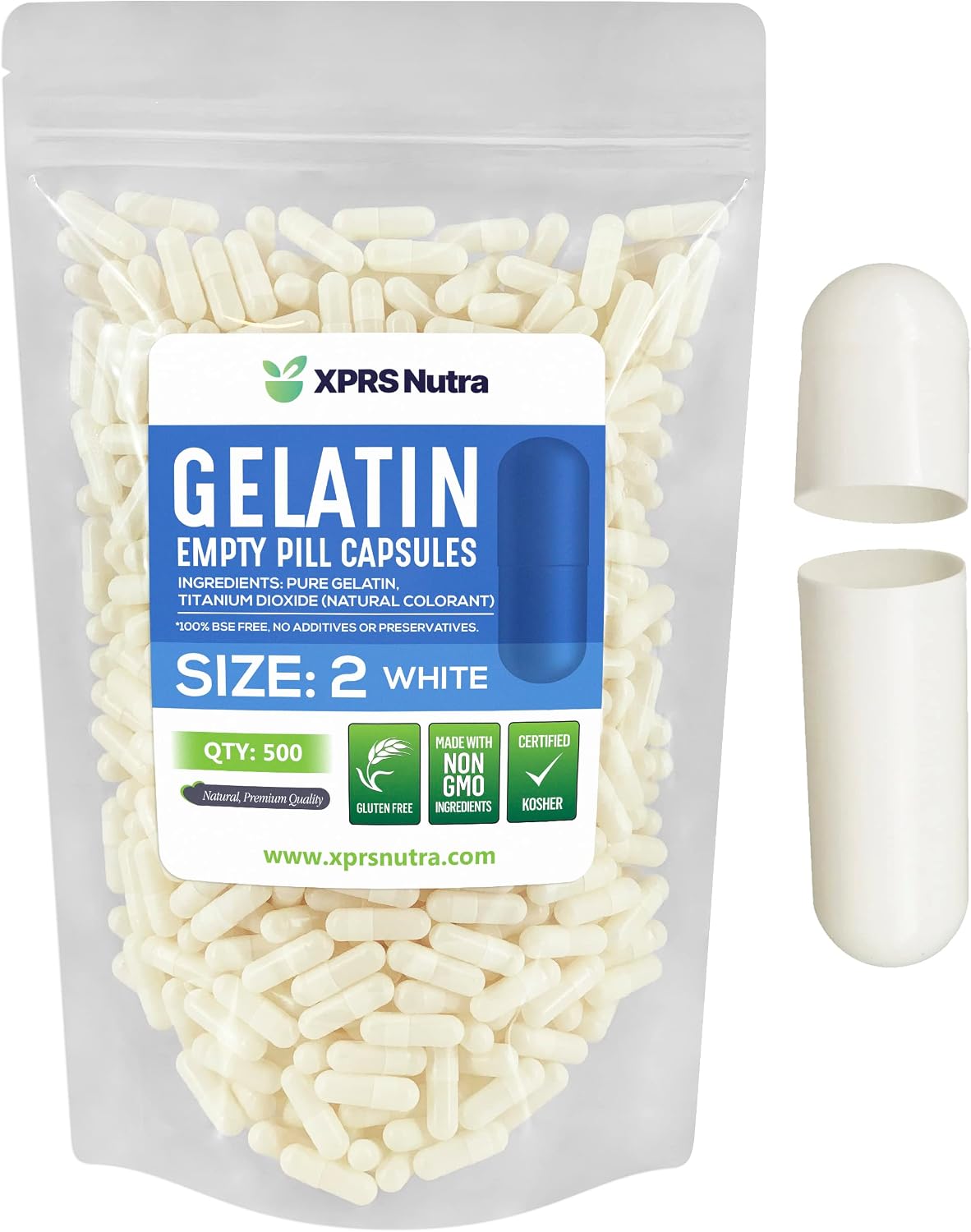 XPRS Nutra Cápsulas Vacías de Gelatina Tamaño 2 - 500 Unidades - Cápsulas de Gelatina Bovinas para Rellenar Suplementos