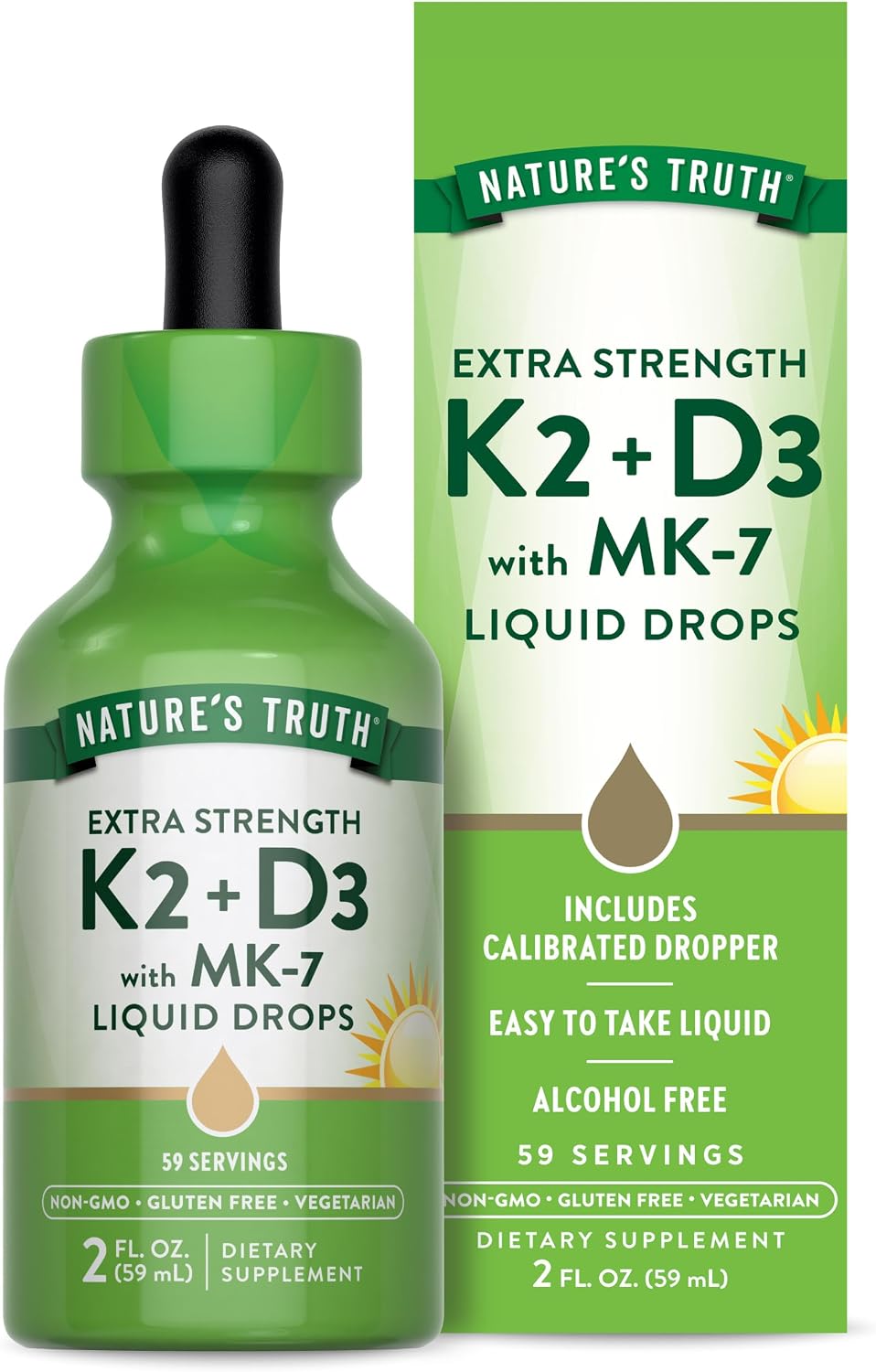 Nature's Truth Vitamina D3 + K2 Gotas Líquidas con MK-7 | 2 Fl Oz | Suplemento Vegetariano, No-GMO y Sin Gluten