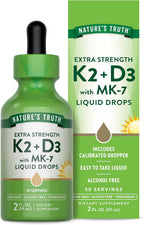 Nature's Truth Vitamina D3 + K2 Gotas Líquidas con MK-7 | 2 Fl Oz | Suplemento Vegetariano, No-GMO y Sin Gluten