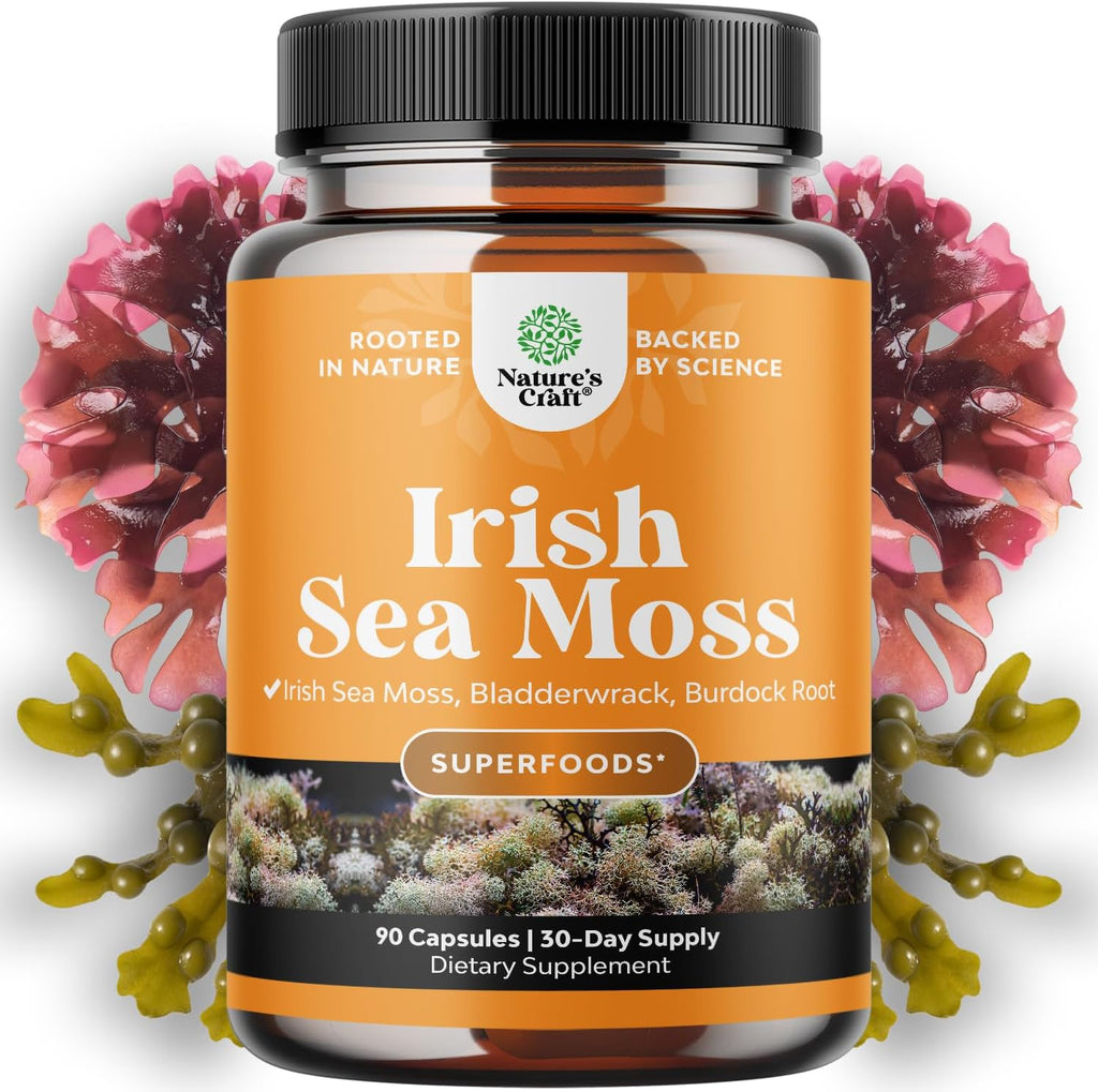 Cápsulas de Irish Sea Moss de Natures Craft - Complejo de Superalimento con Bladderwrack, Bardana y BioPerine - 90 Cápsulas