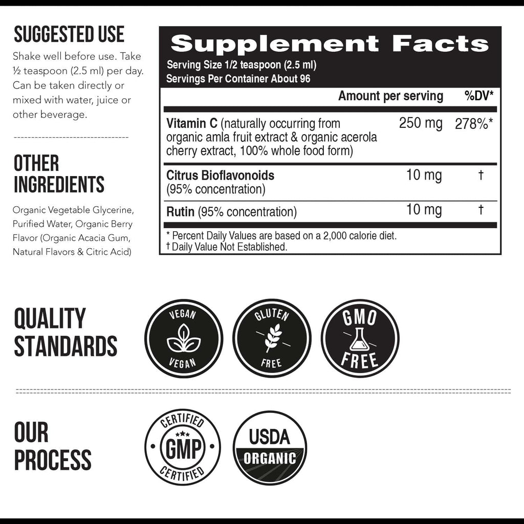 Vitamina C Orgánica Líquida 250 mg con Bioflavonoides y Rutina - Apoyo Inmunitario y Antioxidante (96 Dosis)
