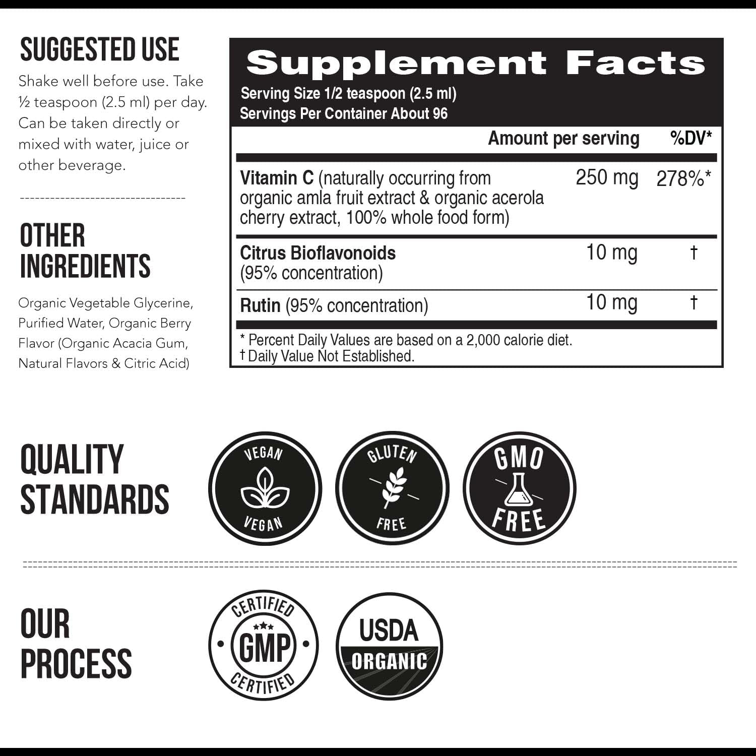 Vitamina C Orgánica Líquida 250 mg con Bioflavonoides y Rutina - Apoyo Inmunitario y Antioxidante (96 Dosis)