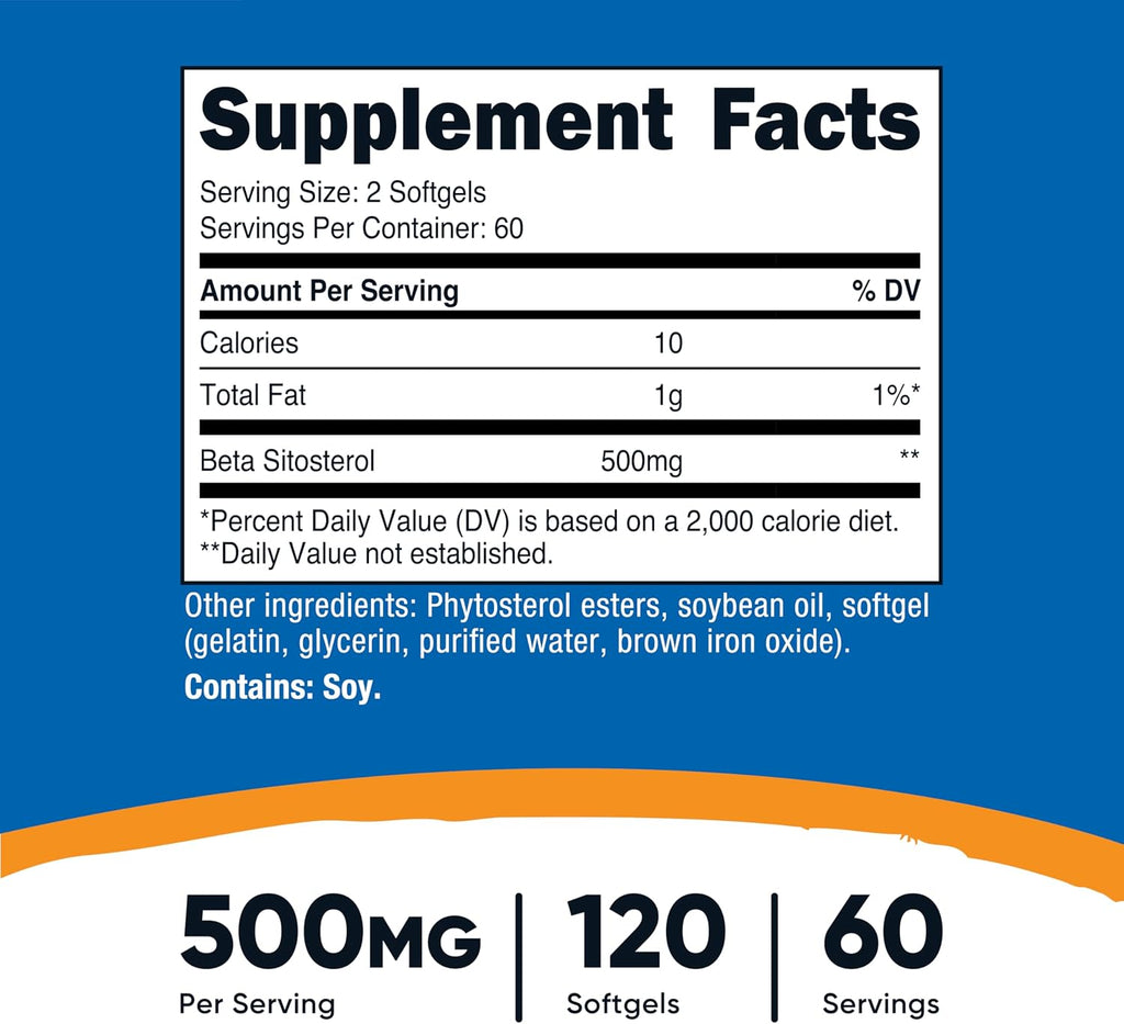 Nutricost Beta Sitosterol 120 Cápsulas Blandas, 500mg - Suplemento No GMO, Sin Gluten, 60 Dosis