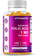 Vitamatic Ácido Fólico Gominolas 1000 mcg (1 mg) – Vitamina B9 (1667 mcg DFE) – Sin Azúcar – Sabor Naranja Natural – Vegano – 120 Gominolas
