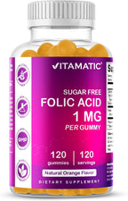 Vitamatic Ácido Fólico Gominolas 1000 mcg (1 mg) – Vitamina B9 (1667 mcg DFE) – Sin Azúcar – Sabor Naranja Natural – Vegano – 120 Gominolas