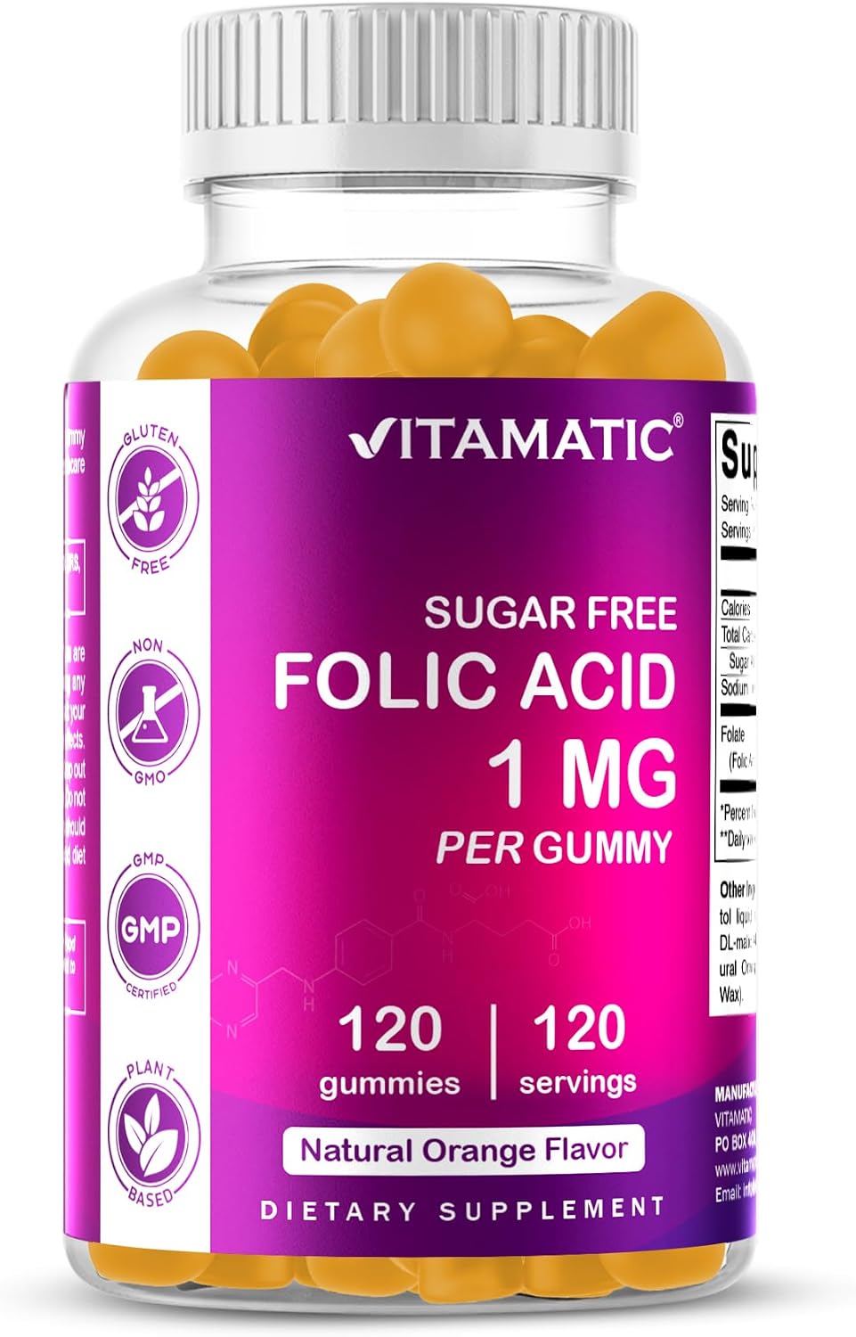 Vitamatic Ácido Fólico Gominolas 1000 mcg (1 mg) – Complemento Prenatal Vegano para Mamá y Bebé – 120 Gominolas por Frasco – Pack de 2