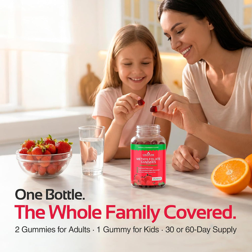 CogniTune Methylfolate Gummies para Niños y Adultos - L-Metilfolato 1000 mcg - Complemento de Folato Activo 5-MTHF - Apoyo MTHFR - Gomitas de Fresa - Sin OGM, Vegano - 60 Unidades