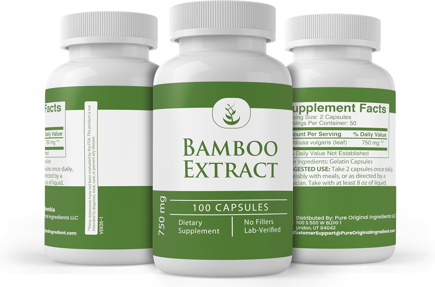 Pure Original Ingredients Extracto de Bambú, 100 Cápsulas, Puro sin Aditivos