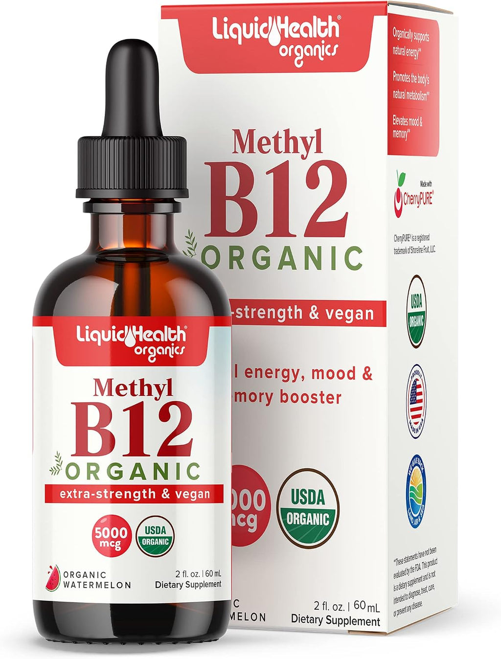 LIQUIDHEALTH Vitamina B12 Orgánica Gotas - Metilcobalamina 5000 mcg - Energía y Memoria - Vegano, Sin Gluten (60 ml)