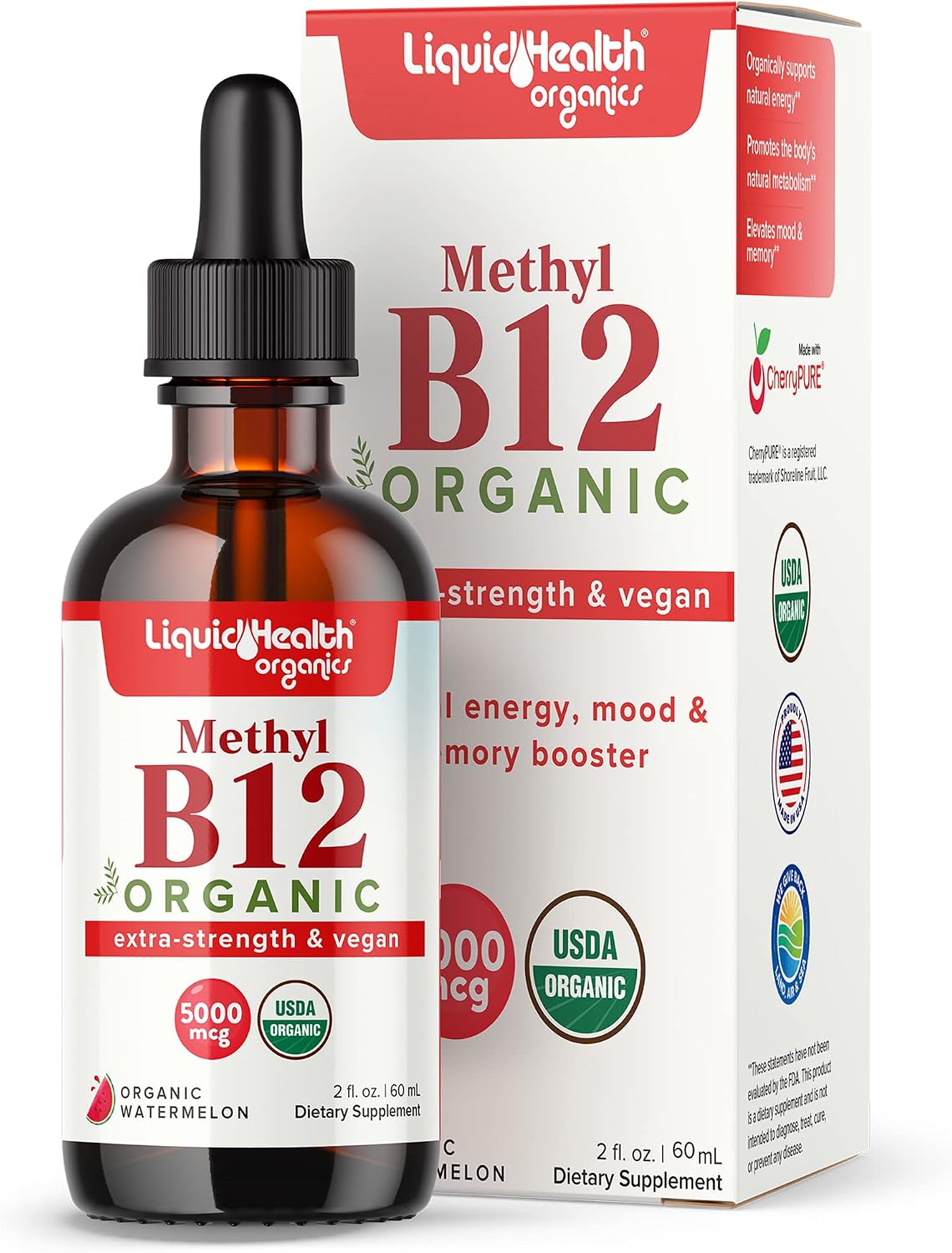 LIQUIDHEALTH Vitamina B12 Orgánica Gotas - Metilcobalamina 5000 mcg - Energía y Memoria - Vegano, Sin Gluten (60 ml)