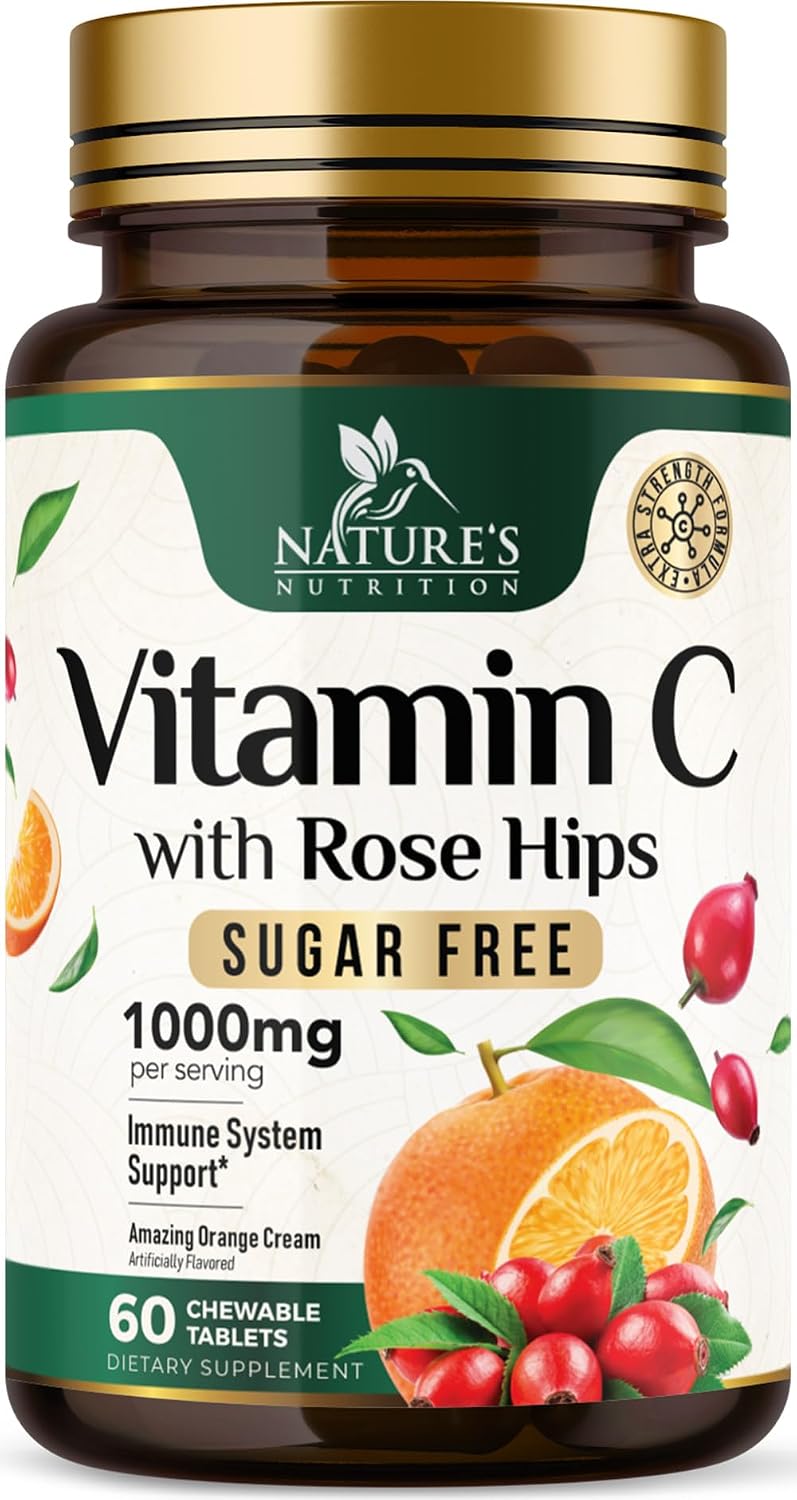 Vitamina C 1000 mg por ración Masticable - Sin Azúcar - Antioxidantes Extra - Suplemento Natural con Vitamina C y Escaramujo - Sabor Naranja - 60 Comprimidos