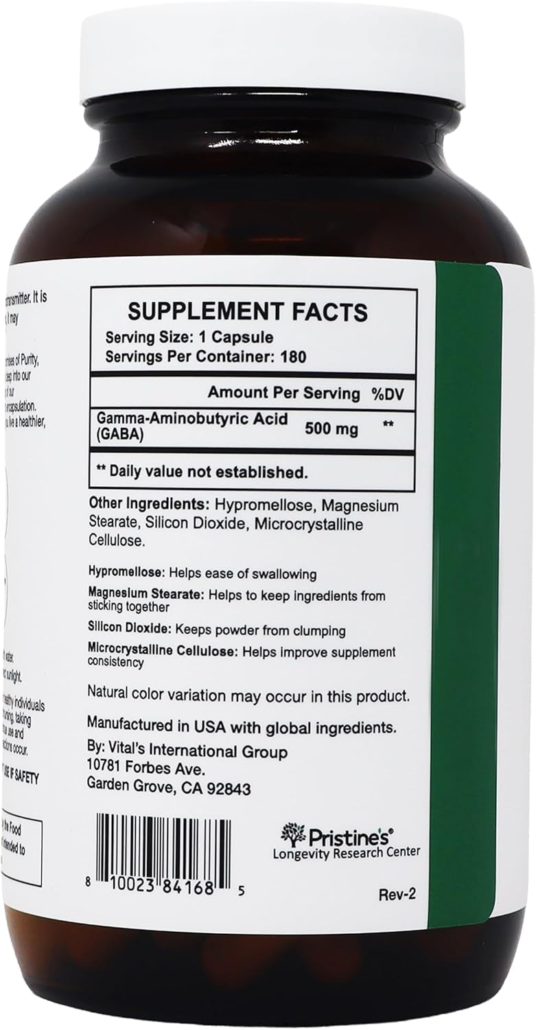 PRISTINE'S GABA 500mg - Apoyo al Sueño y Relajación - 180 Cápsulas