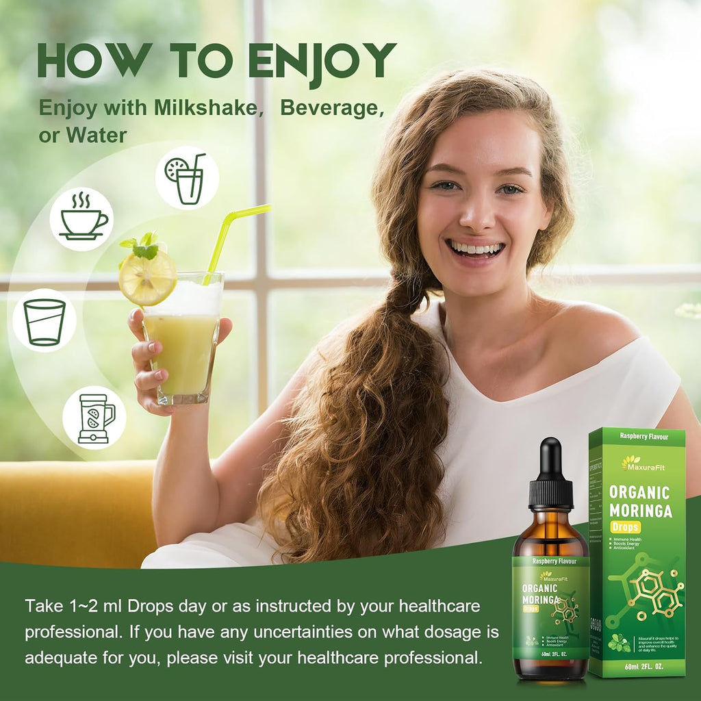 MaxuraFit Moringa Leaf Drops with Vitamin C, Extracto Líquido de Moringa Oleifera con Vitamina C, 60 ml (2 fl oz)