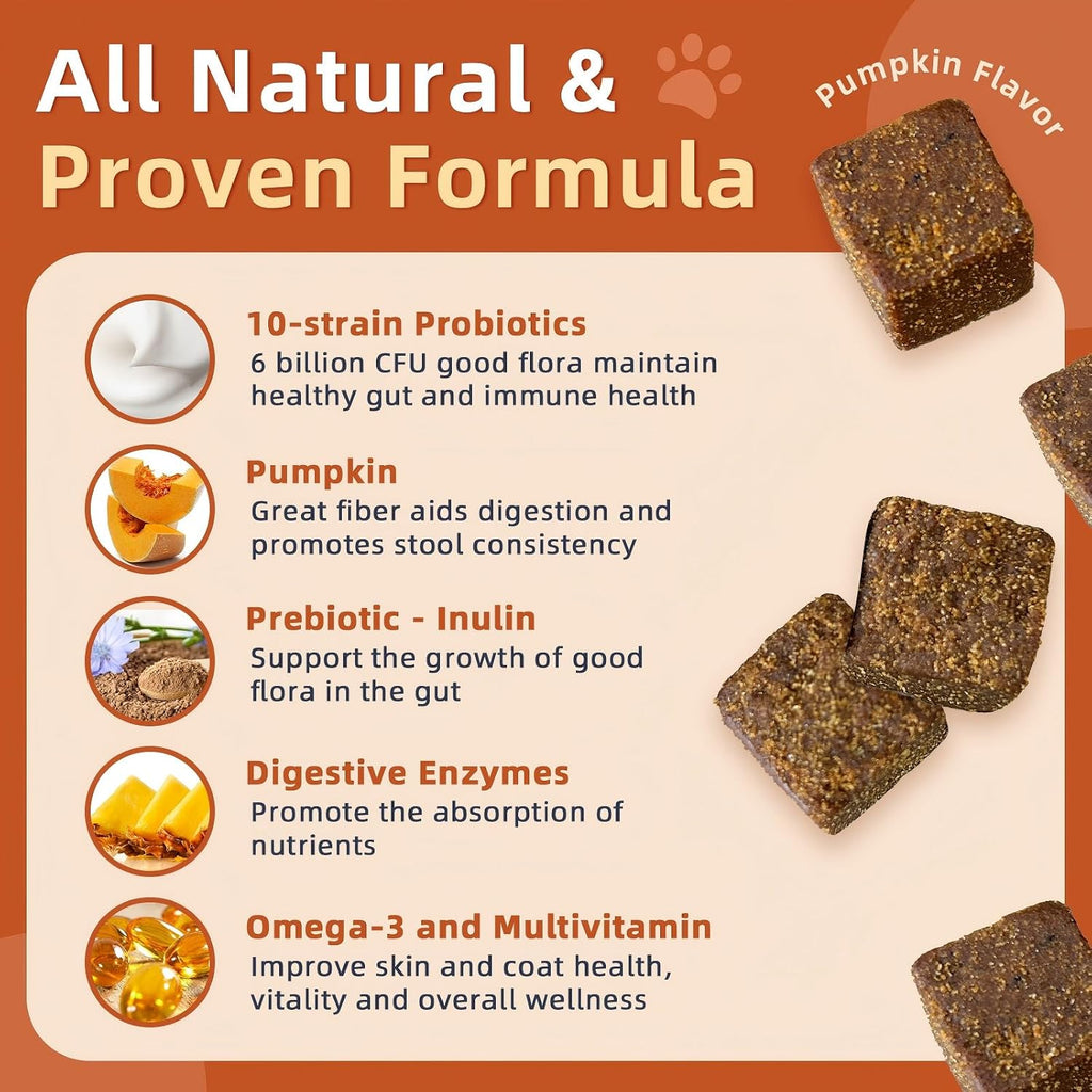 ZEBORA Probióticos para Perros - Masticables de Calabaza para Salud Digestiva e Inmunidad, 120 unidades
