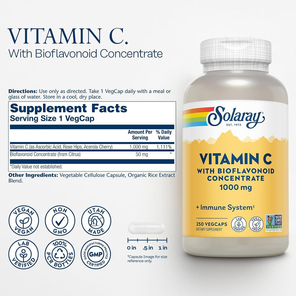 SOLARAY Vitamin C 1000 mg with Bioflavonoids, Rose Hips and Acerola - 250 Capsules