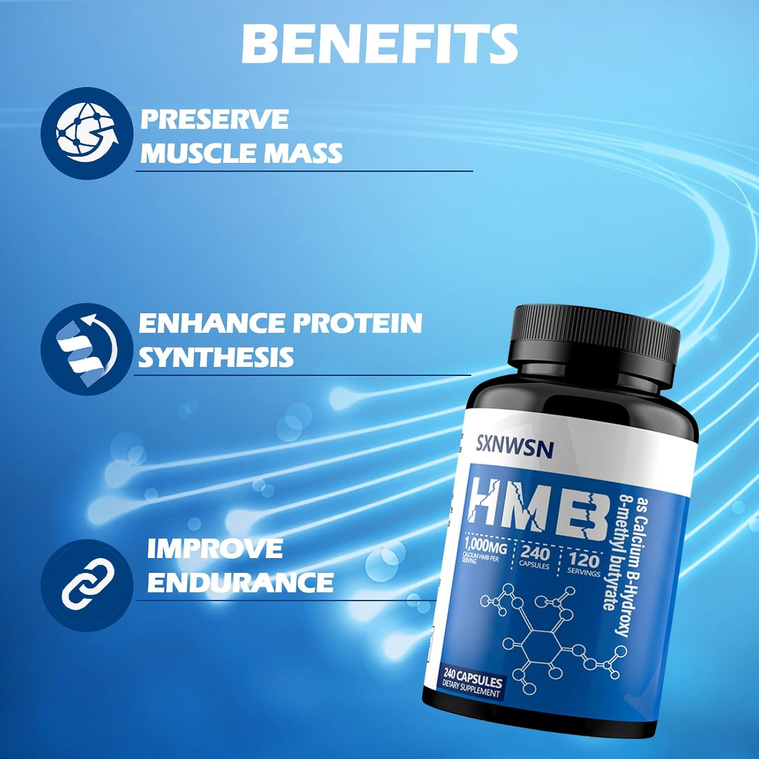 SXNWSN HMB Suplemento - 1000 mg por dosis, 240 Cápsulas