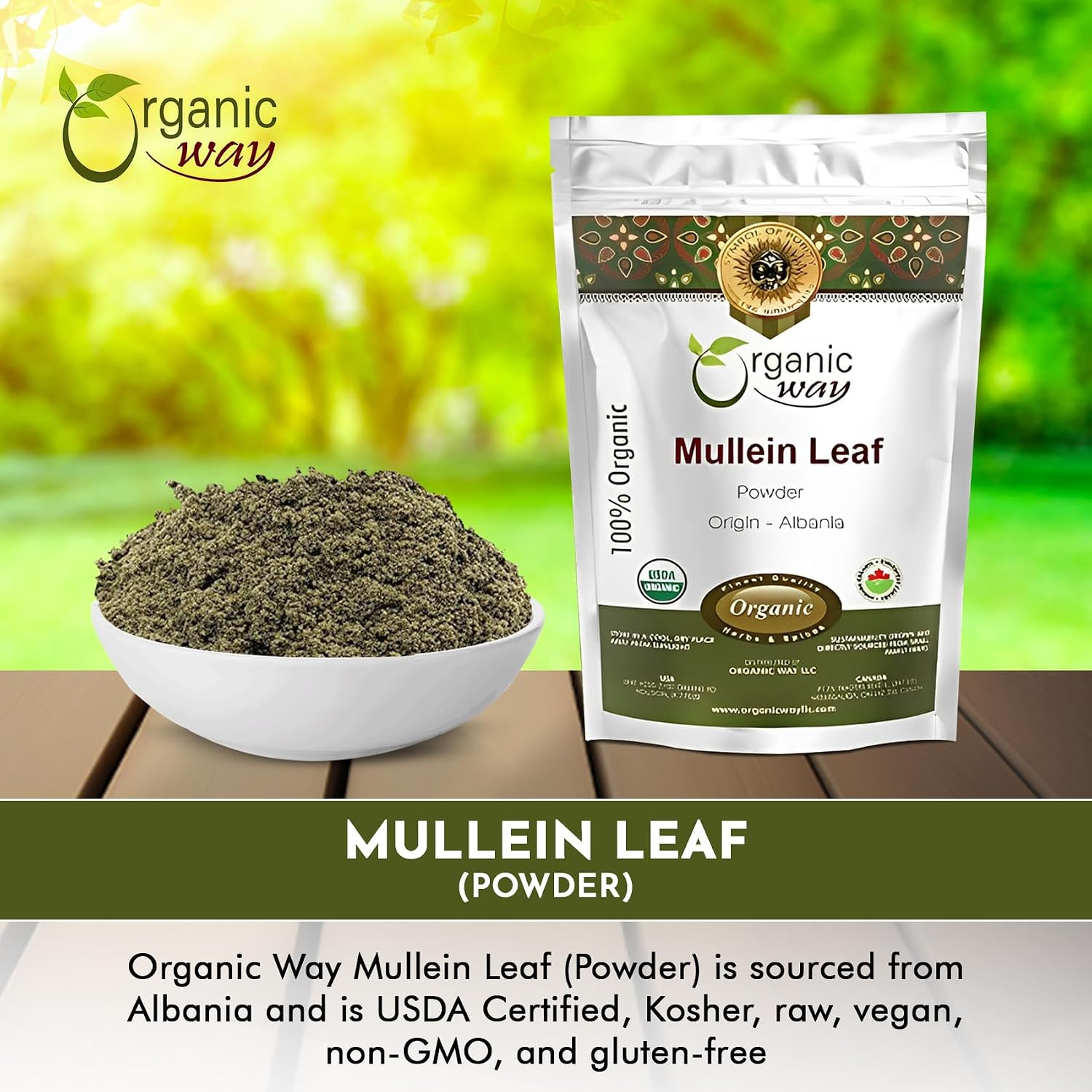 Organic Way Polvo de Hoja de Gordolobo (Verbascum thapsus) - Cosecha Silvestre Europea | Certificado Orgánico y Kosher | Vegano, No GMO y Sin Gluten | USDA Certificado | Origen Albania (56g)