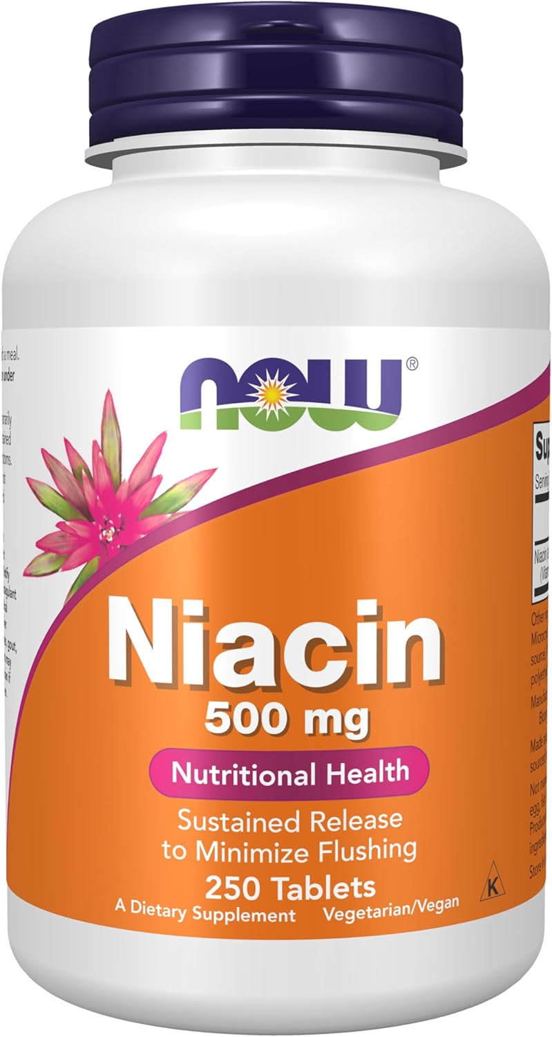 NOW Foods Niacina (Vitamina B3) 500 mg, Liberación Sostenida, 250 Comprimidos