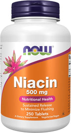 NOW Foods Niacina (Vitamina B3) 500 mg, Liberación Sostenida, 250 Comprimidos
