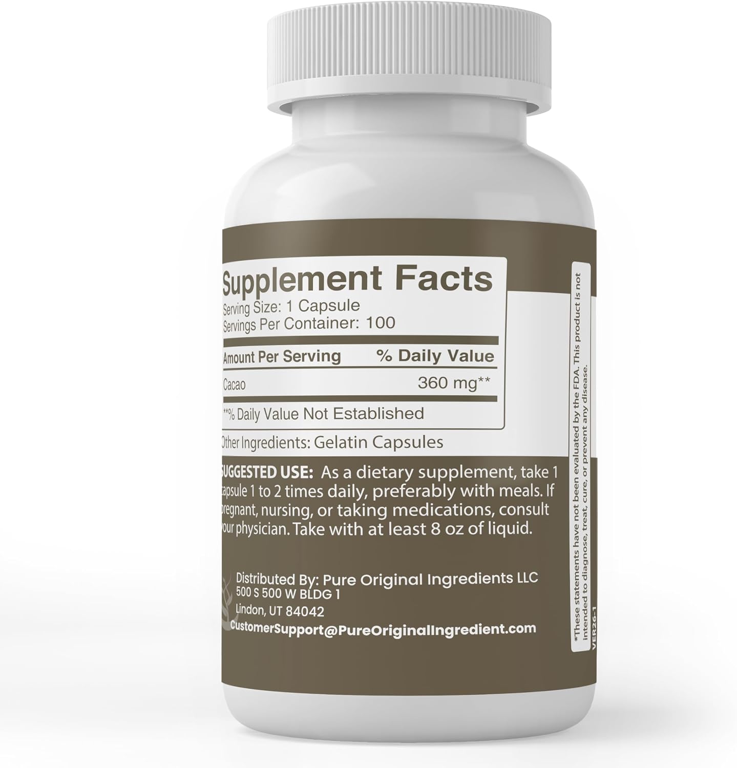 Pure Original Ingredients Cacao en Cápsulas (100 Cápsulas) - Puro, Sin Aditivos