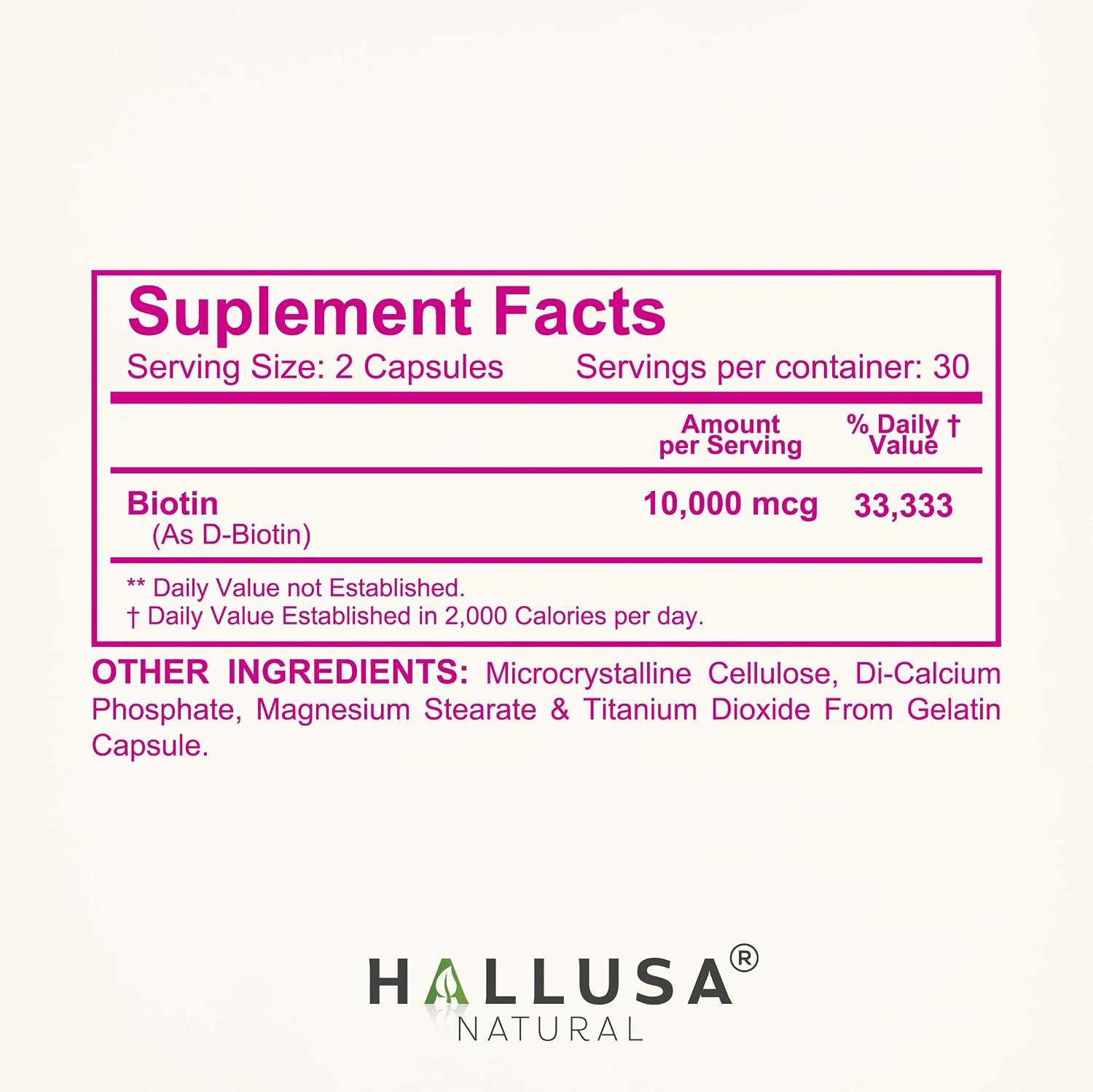 Hallusa Natural Biotina 10.000 mcg, 60 Cápsulas