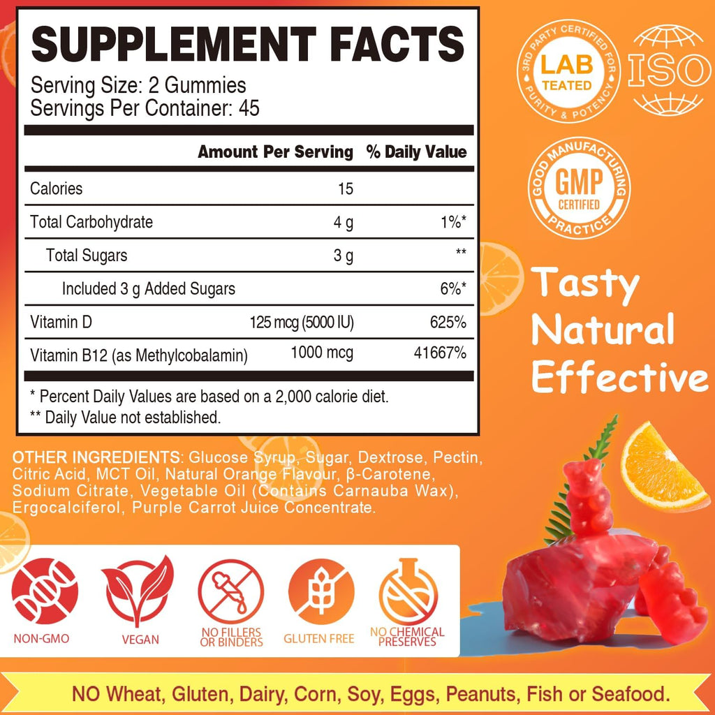 VEGEPOWER Gominolas Veganas de Vitamina D3 y B12, Metilcobalamina, para Adultos y Niños, Sabor Naranja, 90 Gominolas