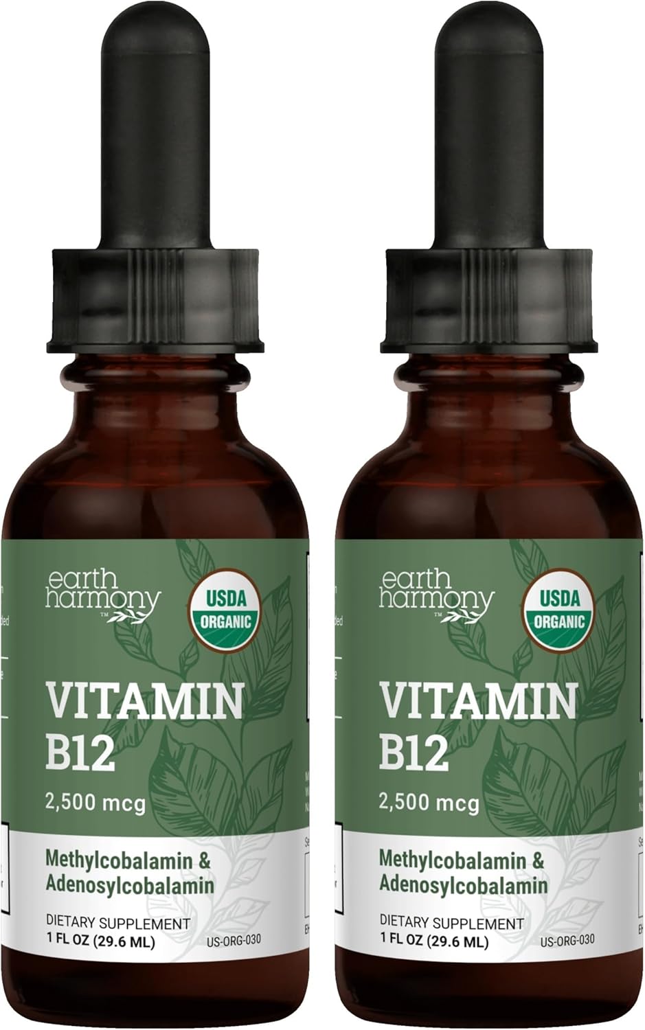 Suplemento Líquido Sublingual de Vitamina B12 2000mcg - Orgánico USDA, Metilcobalamina Vegano (2-Pack, 2x30ml)