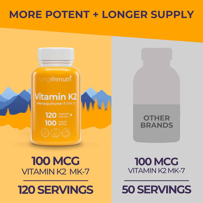 LongLifeNutri Vitamina K2 MK-7 100mcg - Soporte Nutricional para Huesos y Circulación, 120 Cápsulas Vegetales, 4 Meses de – Image 3