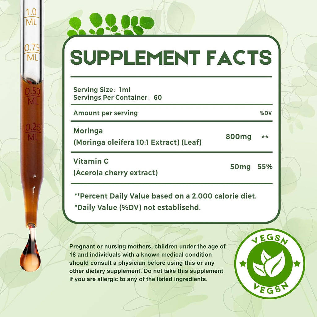 MaxuraFit Moringa Leaf Drops with Vitamin C, Extracto Líquido de Moringa Oleifera con Vitamina C, 60 ml (2 fl oz)