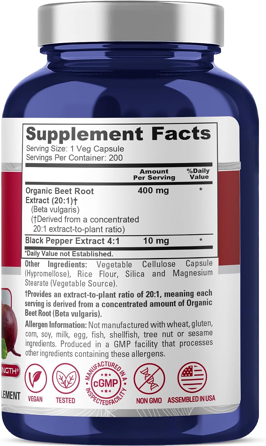 NusaPure Raíz de Remolacha Orgánica, 400 mg, 200 Cápsulas Vegetales (Vegano, Sin OGM)