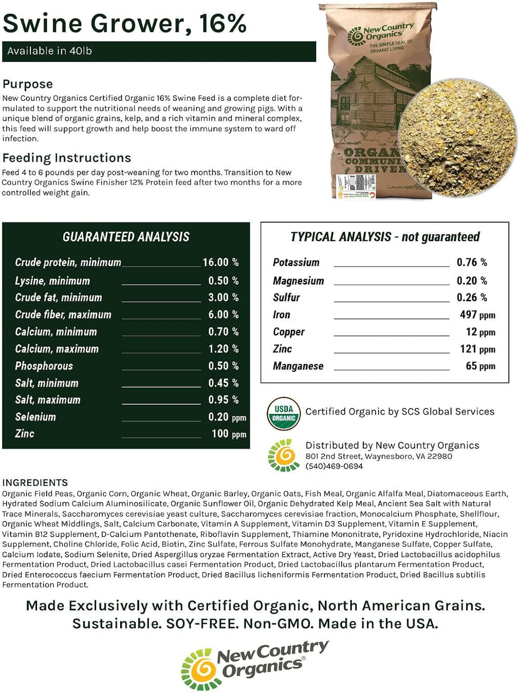 New Country Organics | Pienso con 16% de Proteína para Cerdos en Crecimiento | Sin Soja | Ecológico y No Transgénico | 18 kg