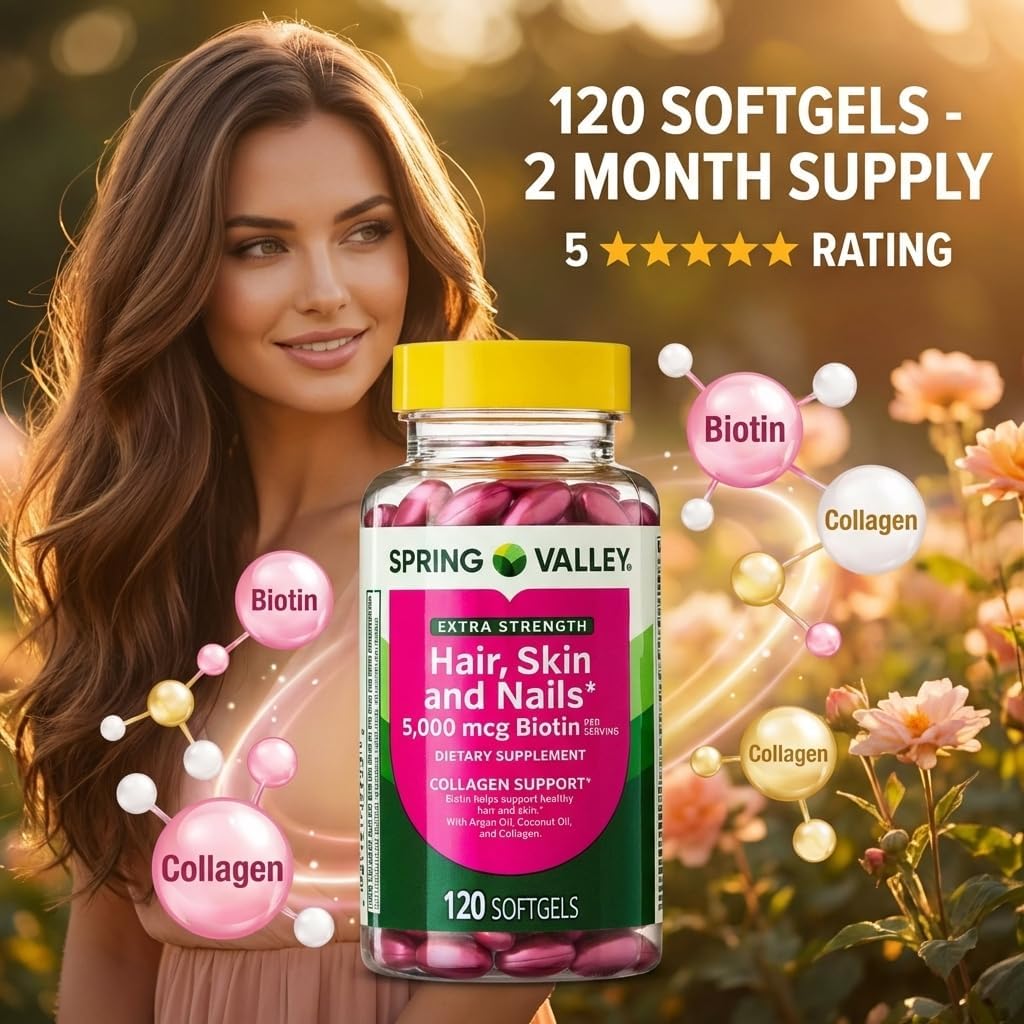 Spring Valley Extra Strength Biotina 5000 mcg - 120 Cápsulas Blandas para Cabello, Piel y Uñas