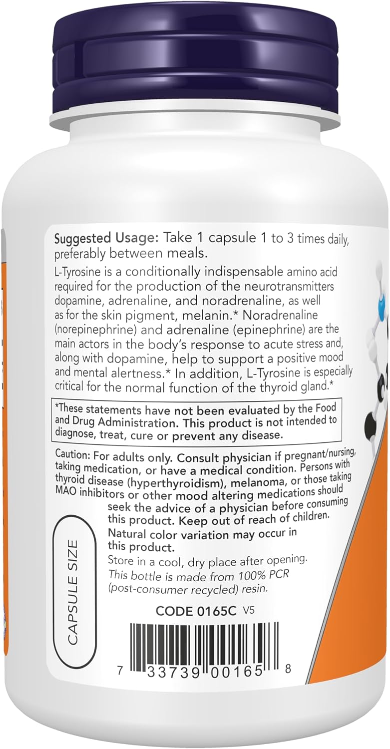 NOW Foods L-Tirosina 750 mg, 90 Cápsulas Veganas
